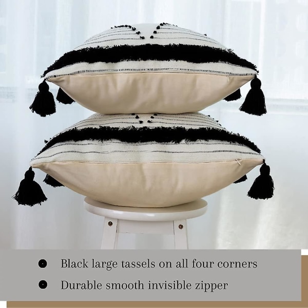 Putetrekk for sofa - sett med 2 dekorative Boho firkantede putetrekk bomullsvevde tuftede putevar med (18x18 tommer, lyseblå)