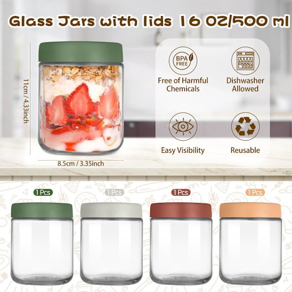 4-pakning 16 OZ overnatthavregryteglass, glasskrukker med lokk til overnatthavre, salat, frukt, yoghurt, syltetøy, beholder gjenbrukbare masonkrukker med tetningslokk