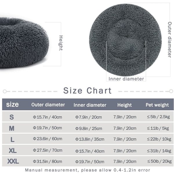 Rolig Hundeseng Donut - Blød Plys Hvalp Killing Kæle Rund Seng, Varm og Blød Kæledyr Hyggelig Anti-Angst Senge med Skridsikker Bund og Vaskbar Dark Grey 90.00 x 90.00 x 20.00 cm (L x W x H)
