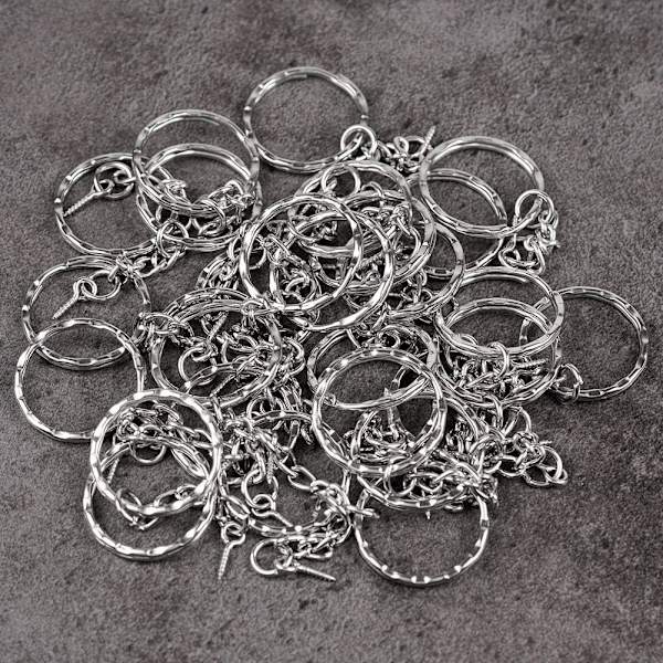 50 stk. prægede split nøgleringe med åben springring kædeforlænger og skrueøje stiftforbindelse til smykkefremstilling, 1 tomme diameter Silver