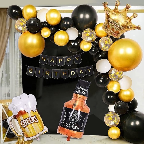 Svart guld Födelsedagsfest dekorationer Set Grattis på födelsedagen Konfettiballonger med banderoll, kronballonger, champagnefolieballonger, ölkoppsballonger för