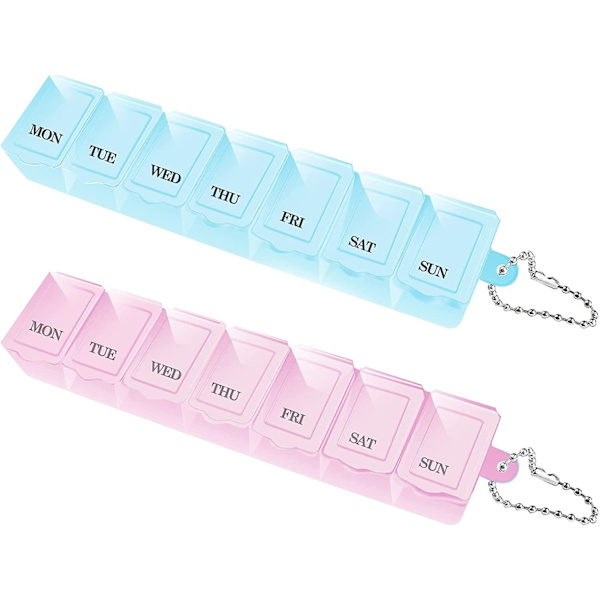 Pilleeske 7 dager 2 ganger om dagen, bærbar pilleeske arrangør pilleetui reise tablettboks påminnelse pille dispensere ukentlig pille oppbevaringsboks (2 stk, blå+rosa