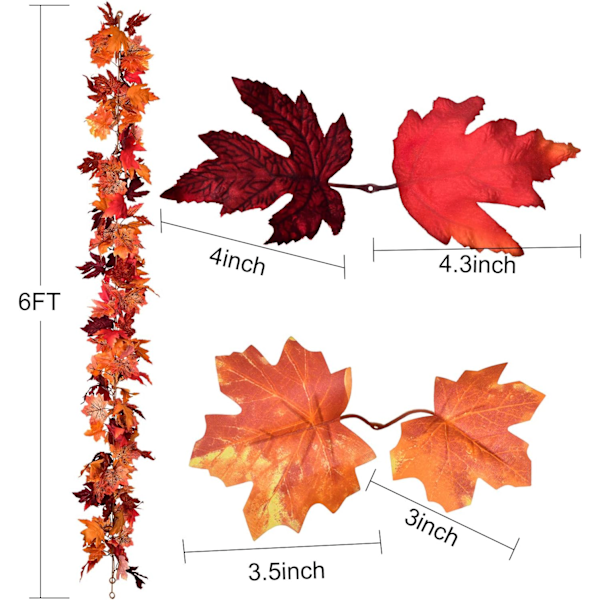 2 Pakke Efterårsguirlande Ahornblad, 5,9Ft/Stk Hængende Vingguirlande Kunstig Efterårsløv Guirlande Thanksgiving Dekoration til Hjem Bryllup Pejs Red