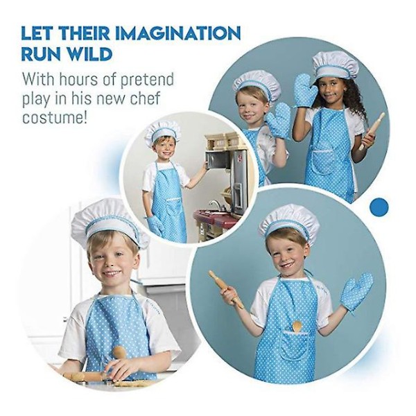 Set lapsille, säädettävä esiliina toddler, lasten keittiöleivonta lasten kokin hatun kanssa, lasten ruoanlaittokinnas, lämmönkestävä matto (1 sarja, sininen