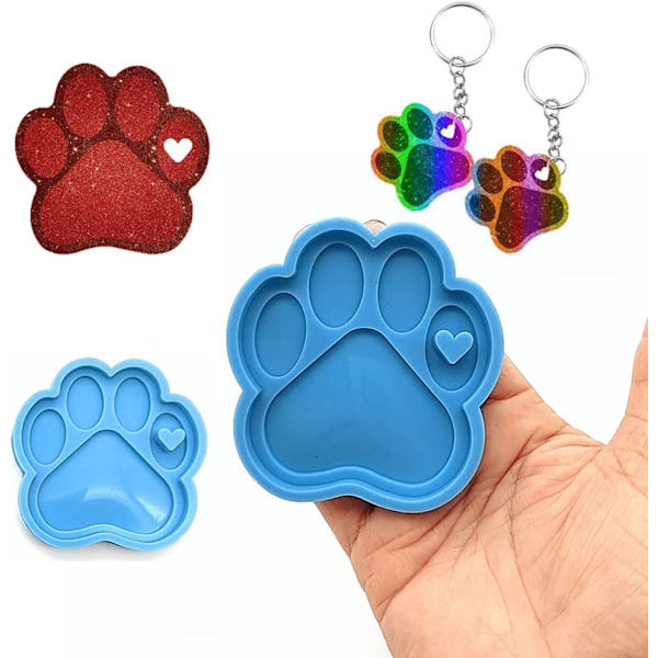 3 stk. Silikonformer for Resin Blå Pet Paw Form Silikonform Hjerte Potetrykk Nøkkelring Silikon Resin Former for DIY Nøkkelringer Halskjede Anheng