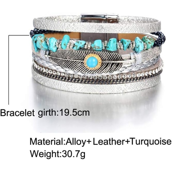 Leopard Armband för Kvinnor, Boho Läder Wrap Multi-Layer Pärla Kristall Armband Smycken A7Feather A7Feather