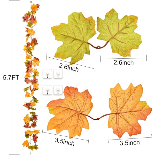 2 Pakk Høstløv Girlander Lønneblad, 5,9Ft/Stykke Henge Vingirlander Kunstig Høstløv Girlander Thanksgiving Dekor for Hjem Bryllup Peis Green