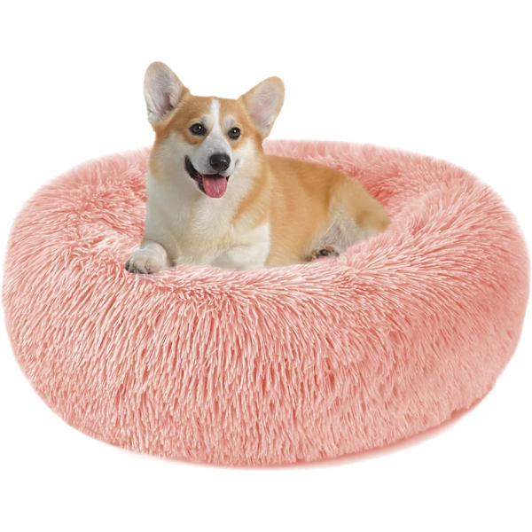 Rolig hundekat donut seng - 23,6 tommer fluffy plysj valp kattunge koselig rund seng, varm og myk kjæledyr koselig anti-angst senger med sklisikker bunn og Pink 60.00 x 60.00 x 20.00 cm (L x W x H)