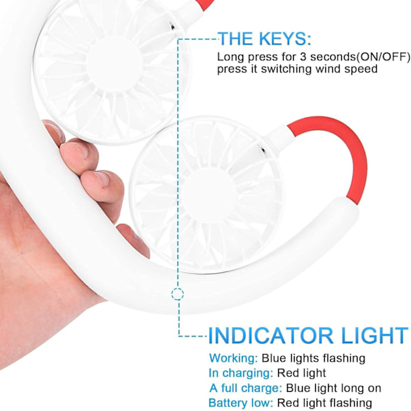 Bærbar nakkeventilator, håndfri personlig hængende nakkesportsventilator USB genopladelig (3 hastighedsjusterbar) Bærbar kølehovedventilator, 360 graders fri R White
