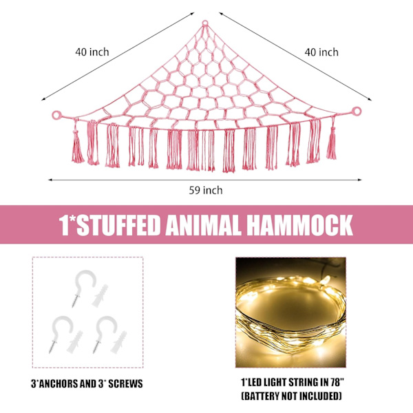 Eläinriipukko LED-valolla, leluverkko täytettyjen eläinten säilytykseen, lastenhuoneen sisustukseen, täytettyjen eläinten riippumatonurkkaus, vaaleanpunainen Pink Large(Package of 1)