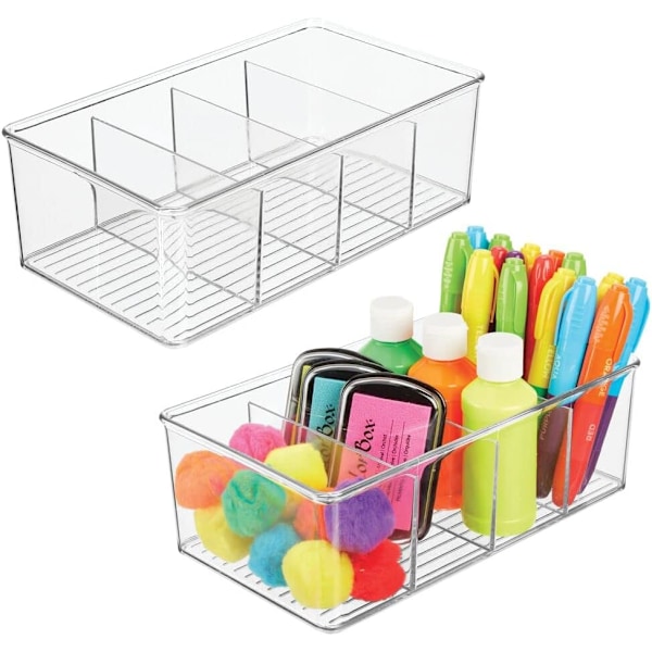 Set of 2 Stationery Storage Boxes — Office Storage Box Set for Surfaces, Drawers and Shelves — Organiser Box with 4 Compartments — Clear