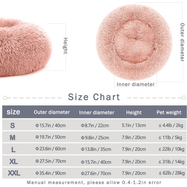 Lugnande hund- och kattdonutbädd - 23,6 tum fluffig plyschvalp kattunge mysbädd rund säng, varm och mjuk husdjursmysig anti-ångestbädd med halkfri botten och Pink 60.00 x 60.00 x 20.00 cm (L x W x H)