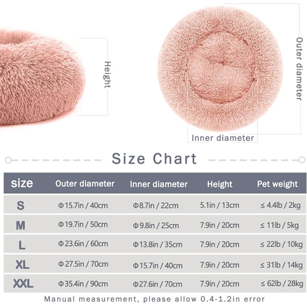 Rolig hundekat donut seng - 23,6 tommer fluffy plysj valp kattunge koselig rund seng, varm og myk kjæledyr koselig anti-angst senger med sklisikker bunn og Pink 60.00 x 60.00 x 20.00 cm (L x W x H)