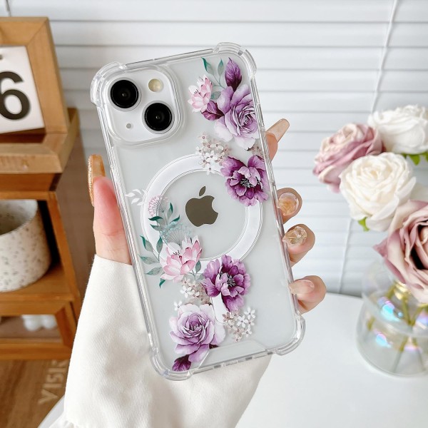 Magnetisk til iPhone 14-etui iPhone 13-etui[kompatibel med Magsafe], gennemsigtigt blomsterprintdesign Blød TPU bumper beskyttende blomstertelefon Ca