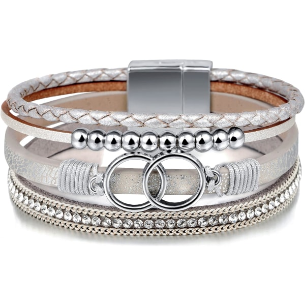 Leopardarmband för kvinnor, Boho Läderomslag Flerlagers pärlor Kristallarmband Armband Smycken B36:Double Circle(Silver) A7Feather