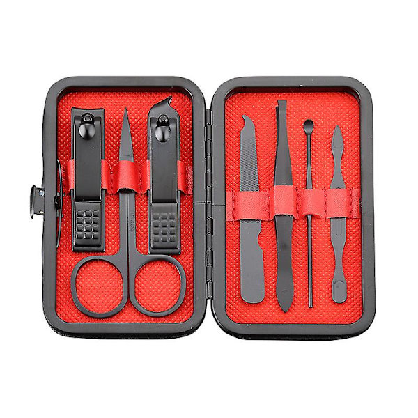 Nagelklippare Manikyrset, Professionell 7 i 1 Rostfritt Stål Pedikyr Kit Med Svart PU Läderfodral För Resor Och Hembruk (Rött Läder)