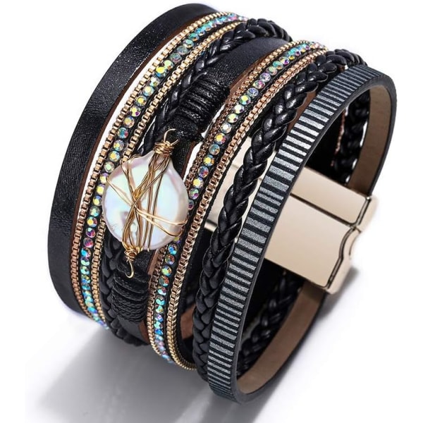 Leopard Armbånd for Kvinner, Boho Lær Wrap Multi-Layer Perle Krystall Armbånd Smykker B14Round Pearl(Black) A7Feather