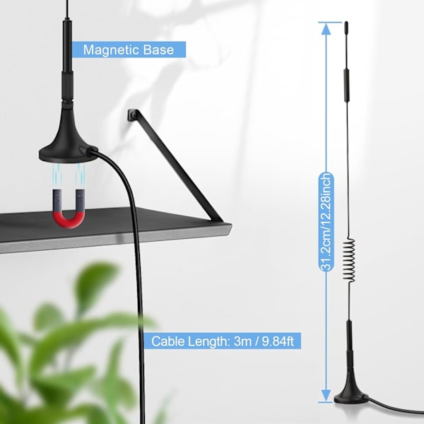 4G LTE-antenne SMA 7dBi magnetisk base 4G-antenne med 3 meter/9,84ft forlængerkabelantenne til EE O2 Vodafone Three Huawei Netgear 4G LTE-routerport SMA