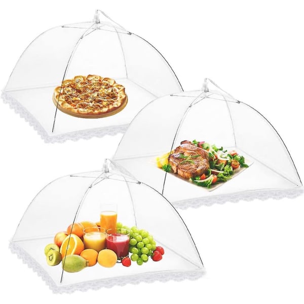 3-pack matskydd 14 tum pop-up krypterat nät tallrik serveringstält, fint nätparaply för utomhusbruk, grillfester, återanvändbara och hopfällbara
