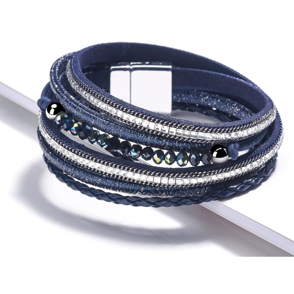 Leopardarmband för kvinnor, Boho Läderomslag Flerlagers pärlor Kristallarmband Armband Smycken B24Square Diamond(Blue) A7Feather