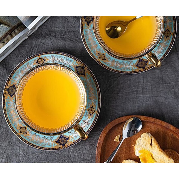 ® YBK Tech Euro Style Benporslinskopp & Fatbricka Set, Keramisk Te- & Kaffeekopp för Hem, Kök, Bröllop (Kungligt Mönster - Himmelblå) Royal Pattern Sky Blue