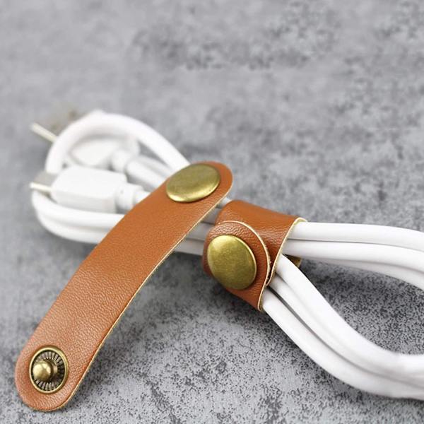 Genanvendelige læderkabelstropper Kabel Earphone Cord Management Ties til computer-tv-elektronik (10 stk, sort+brun)