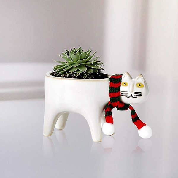 Sukkulente Plantekrukker - Keramiske Dyreblomsterkrukker Diy Tegneserie Sukkulente Pot Sød Kat Sukkulente Planter Plantebeholder Med Kattehalstørklæde Til Hjemmeindretning