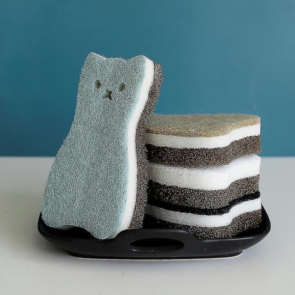 Køkkenskrubbesvampe Ridsfri Multi-brug Heavy Duty skrubbesvamp til tallerkener Gryder og pander Tre-lags Cat Shape Cleaning Sponge4pack)