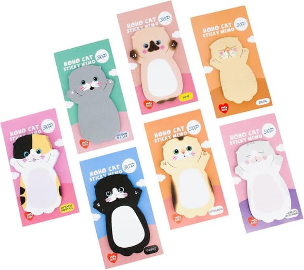 210 stk. Sticky Notes Sæt med 7 - Kat Søde Sticky Notes - Blokke pr. pakke - 30 ark pr. blok, Gaveidé til arbejde, skrivebord, hjem