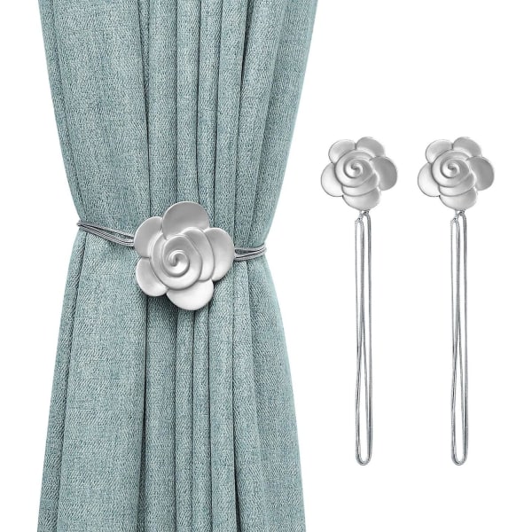 Camellia magnetiske gardinbindinger, 2-pak harpiks vinduesgardin dekorative clips, gardinholdere Blomstergardinspænde med fleksibelt reb Fo sølv