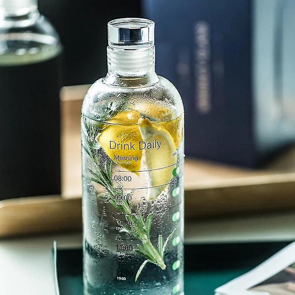 500 ml:n lasipullo, jossa on aikakansi, vedenjuonti, läpinäkyvä