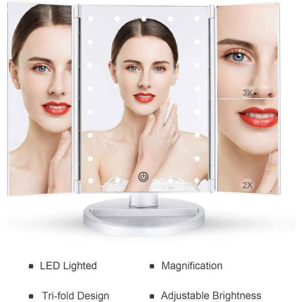 Tri-fold oplyst makeupspejl med 21 LED-lys, berøringsskærm og 3X/2X/1X forstørrelsesspejl, to strømforsyningstilstande til bordsminkespejl Silver