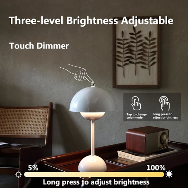 Moderne Blomsterpot Trådløs Bordlampe, Trådløs Mid Century Lampe, Sød Batteri Svampe Bordlampe, Lille Lampe til Natbord, Dæmpbar Touch Soveværelse La White