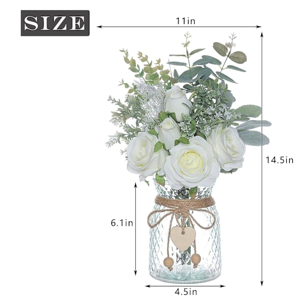 Falska blommor, konstgjorda sidenrosor i vas, konstgjord blomsterarrangemang imitation rosor, utan vas (vit) White