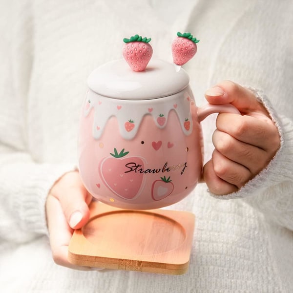 Jordbær krus rosa kaffekrus keramikk kawaii kopp morgen te melk frukt krus med nydelig lokk rustfritt stål skje kreativ nyhet bursdag valentinsdag B