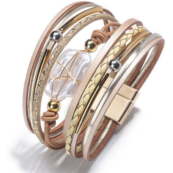 Leopard Armbånd til Kvinder, Boho Læder Wrap Multi-Layer Perle Krystal Armbånd Smykker A4Gold Leather(Pearl) A7Feather