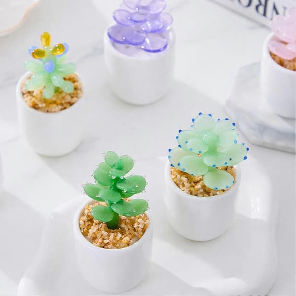 Mini Glass Kaktuspynt - til Skrivebord - Håndlaget A
