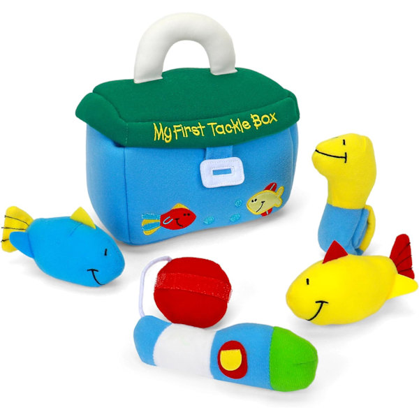 Baby Play Soft Collection, My First Tackle Box 5-delad plyschleksak med skallra, visslare och skrynkelsaker, sensorisk leksak för spädbarn och nyfödda Tackle Box