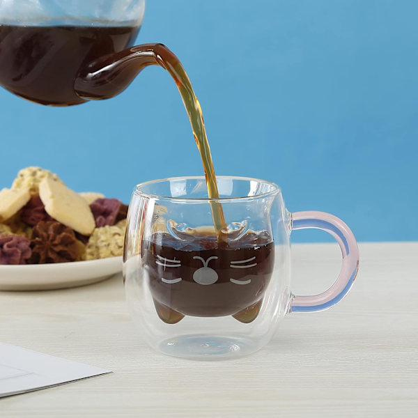 Söt Katt Kaffekopp, Dubbelväggig Glas Tekopp, Alla Hjärtans Dag Påsk Mors Dag Examen, Presenter till Kvinnor Fru Mamma Hennes Flickvän Pojke Barn Lärare Purple