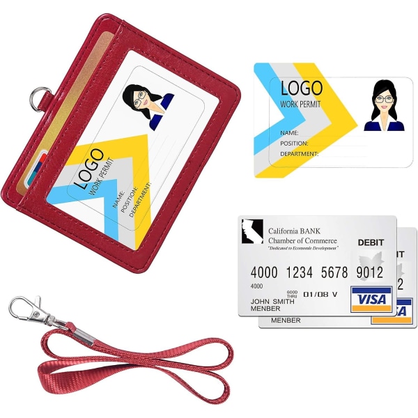 ID-brickahållare, horisontell Pu-läder ID-brickahållare med 1 genomskinligt ID-fönster & 1 kreditkortsfack och en mjuk platt nylon , vinröd