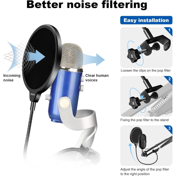 Professionel mikrofon popfiltermaskeskjold til blå Yeti og enhver anden mikrofon, mikrofon dobbeltlags vindpopskærm med en fleksibel 360° goo black