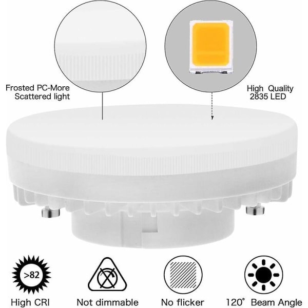 Gx53 LED-pære 7w 3000k, varmhvit, ikke dimbar Gx53-belysning, ingen flimring, erstatter 50w halogenpærer Gx5.3 eller Cfl 9w 13w lampe, 560lumen, vinkel 120