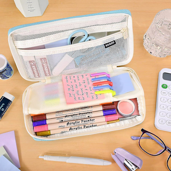 Blå skolepennalhus, stort skolepennalhus, skoleartikler æstetisk makeuptaske til piger drenge kvinder mænd børn teenagere studerende