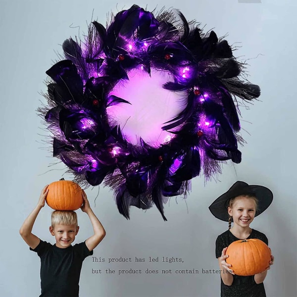 15,7 tommer Halloween sort fjerkrans, forbelyst hoveddørkrans med LED-lilla lys