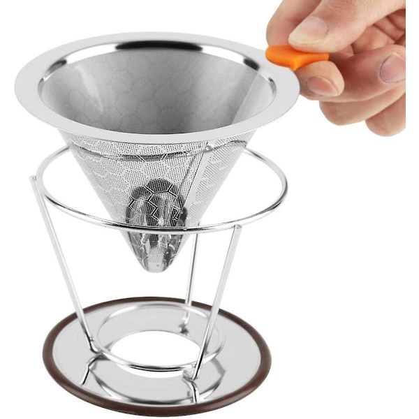 Rustfritt stål gjenbrukbar hell over kaffedrippfilter espressodripper mesh kjegle kaffedripper med stativ (1 stk, sølv)