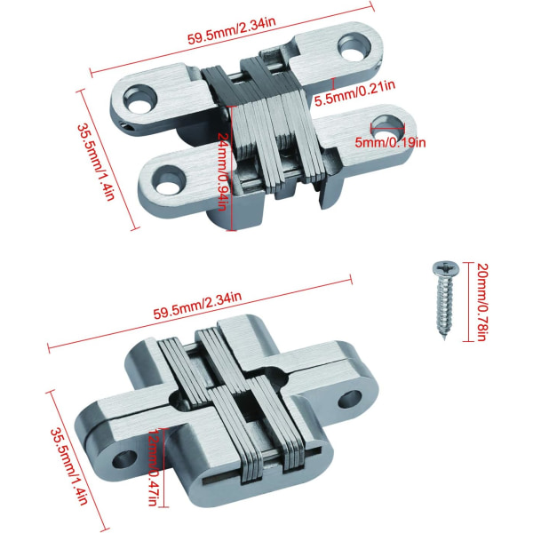 2 stk. Skjulte kryss skjulte hengsler for skapskap treske, 180 graders usynlig sammenleggbar dørhengsel, sølv, sinklegering og rustfritt stål