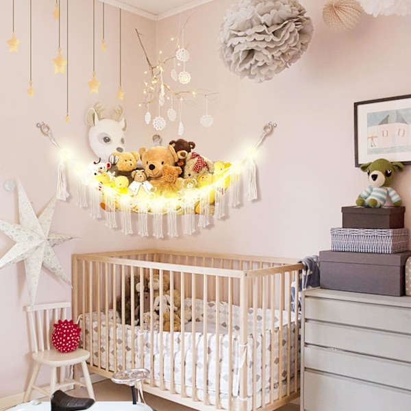 Eläinhamaka LED-valolla, leluhamaka pehmolelujen säilytykseen, lastenhuoneen sisustukseen, pehmolelujen hamaka nurkkaan, valkoinen White Large(Package of 1)