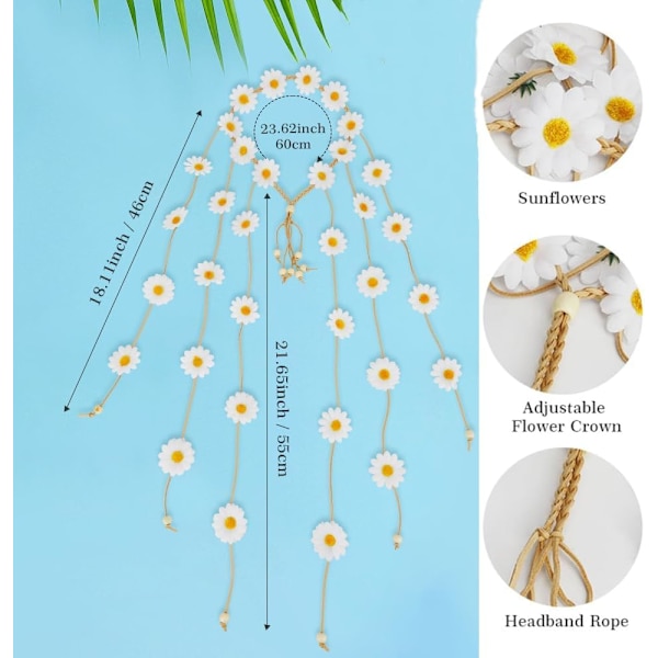 Hiuspanta Daisy Hiustarvikkeet Kukkakruunu Auringonkukat Hiukset Ranta Boho Hiuspanta Säädettävä Tupsu Hiusseppele Kukat Hiuspannat Naiset Cosplay Puku White 1 count (Pack of 1)