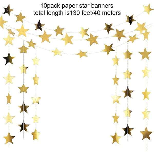 130 jalkaa kultaista tähtiseppelettä, jossa roikkuu glitterpaperibanneri, tähtiteeman juhlakoristeet, Reach The Star Bunting