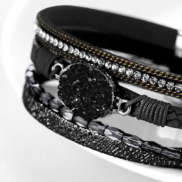 Leopard Armband för Kvinnor, Boho Läder Wrap Multi-Layer Pärla Kristall Armband Smycken B21Black Stone(Short) A7Feather